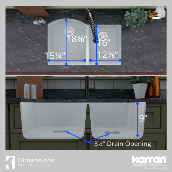 Undermount Quartz Composite 32" 60/40 Double Bowl Kitchen Sink Kit