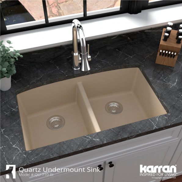 Undermount Quartz Composite 32" 50/50 Double Bowl Kitchen Sink Kit