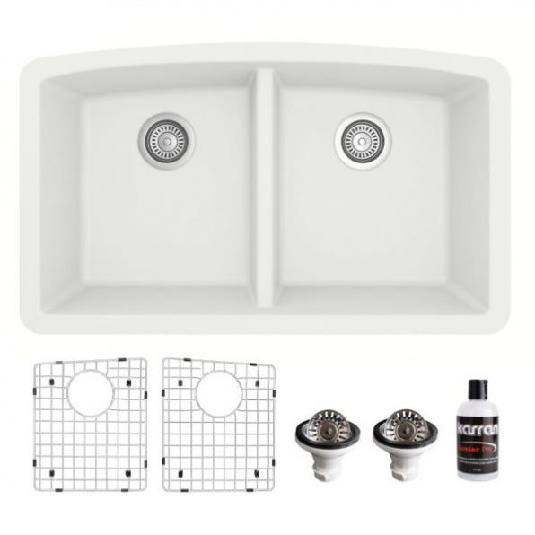 Undermount Quartz Composite 32" 50/50 Double Bowl Kitchen Sink Kit