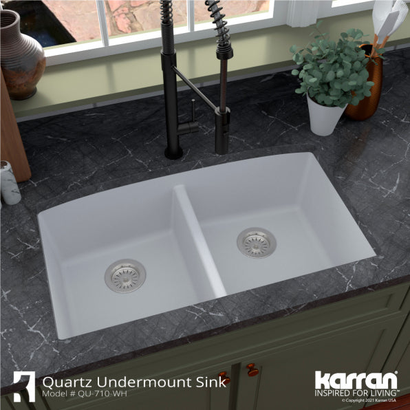 Undermount Quartz Composite 32" 50/50 Double Bowl Kitchen Sink Kit