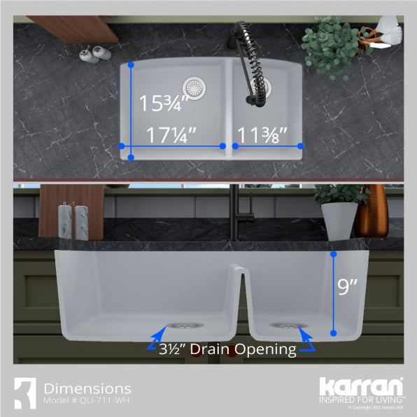 Undermount Quartz Composite 32" 60/40 Double Bowl Kitchen Sink Kit