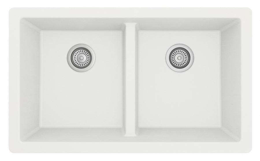 32 in. Double Bowl 50/50 Undermount Kitchen Sink in White with Bottom Grid and Strainer