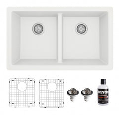 32 in. Double Bowl 50/50 Undermount Kitchen Sink in White with Bottom Grid and Strainer