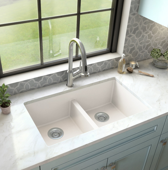 32 in. Double Bowl 50/50 Undermount Kitchen Sink in White with Bottom Grid and Strainer