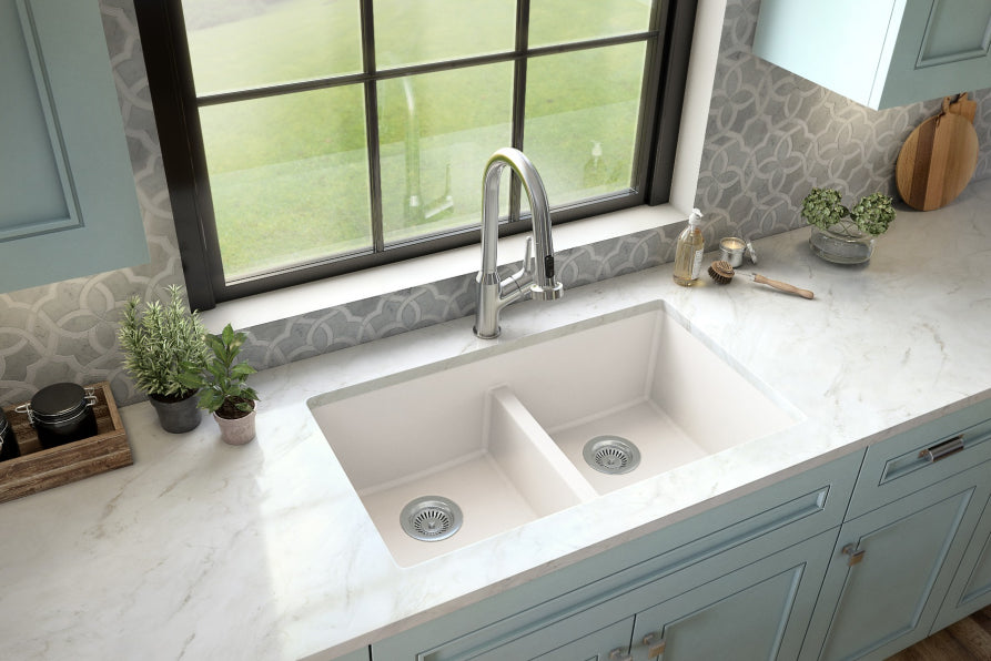 32 in. Double Bowl 50/50 Undermount Kitchen Sink in White with Bottom Grid and Strainer