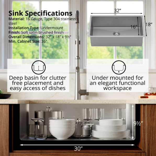 32" Undermount 16-Gauge Stainless Steel Extra Large Single Bowl Kitchen Sink Kit