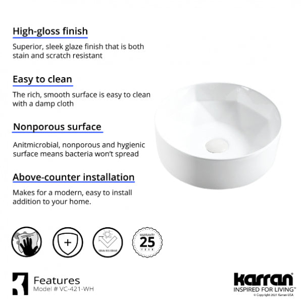 Karran VC-421-WH Valera 16" Vitreous Bathroom Vessel Sink in White