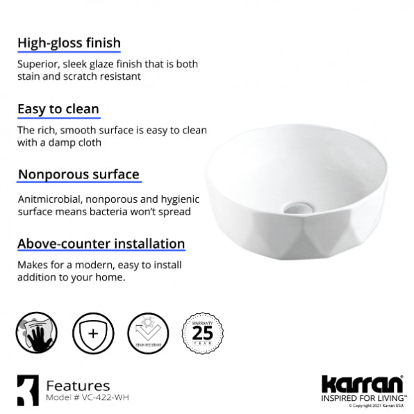 Karran VC-422-WH Valera 17" Vitreous China Bathroom Vessel Sink in White